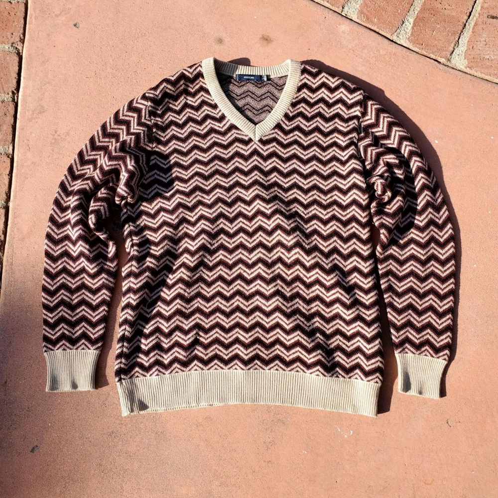 Koutons striped geometric red, black, and cream v-neck sweater!